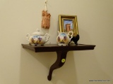 (BATH) SHELF LOT; SHELF AND CONTENTS- SIGNED COLONIAL WILLIAMSBURG WALL SHELF- 12 IN X 8 IN X 10 IN,