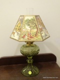 (BATH) OIL LAMP; ANTIQUE GREEN TURKEY FOOT OIL LAMP WITH PAPER SHADE AND GLASS CHIMNEY- 17 IN H