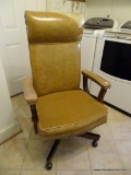 (LAUNDRY) OFFICE CHAIR; CHERRY, FAUX LEATHER AND BRASS STUDDED OFFICE CHAIR- 27 IN X 21 IN X 46 IN