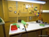 (SHED) MISC.. SHELF AND WALL LOT INCLUDES BRUSHES, SPRINKLER, PLUMBING PRIMER, COPPER TUBING, PIPE