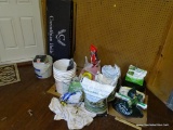 (SHED) YARD CHEMICALS; 3 BAGS OF LIME, PARTIAL BAG OF PLANT FOOD, BAG OF SAND, 5 GAL. BUCKETS, ETC.