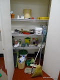 (GARAGE) CLOSET LOT; SHOE RACK, 5 GAL BUCKET OF BIRD SEED, SUNGLASSES, GARMIN, BROOM AND MOP, SEWING