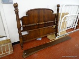 (GARAGE) BED; VINTAGE MAHOGANY FULL SIZE BED WITH RAILS, BURL PANELED HEADBOARD AND FOOTBOARD,