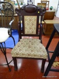 (GARAGE) ANTIQUE CHAIR; ANTIQUE MAHOGANY VICTORIAN SIDE CHAIR WITH FLORAL UPHOLSTERY- 21 IN X 21 IN