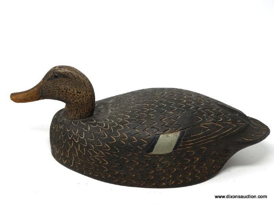 SOLID BODY CONTEMPORARY HAND CARVED BLACK DUCK DECOY. SIGNED D HOAG. GLASS EYES. RELIEF CARVED