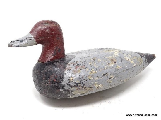 SOLID WOOD REDHEAD DECOY. FINELY MADE. 2 PIECE BODY CONSTRUCTION. TACK EYES. HOMEMADE IRON WEIGHT.