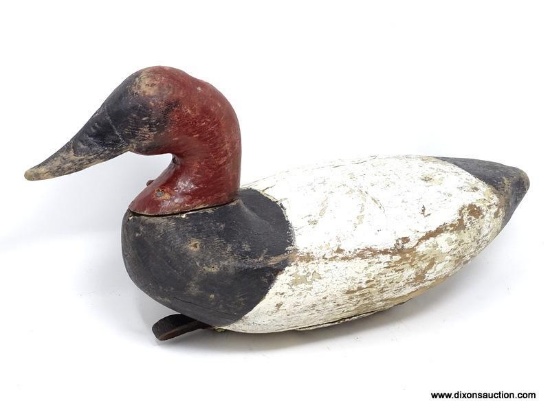 SOLID WOOD CANVASBACK DRAKE. WORKING DECOY. UNKNOWN MAKER. DORCHESTER MARYLAND. SOLID WOOD BODY.