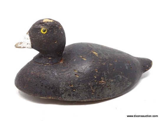 FLAT BOTTOM SOLID BODY COOT DECOY. HUMPBACK FORM. EARLY SCRATCH PAINT. GLASS EYES (ONE EYE CRACKED).