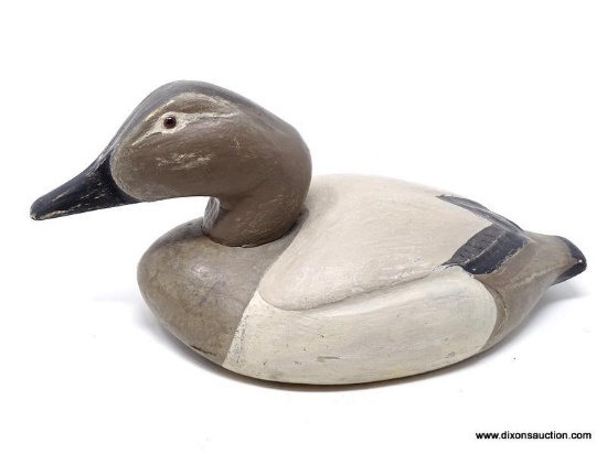 MAGNUM CANVASBACK HEN DECOY BY ANIMAL TRAP DECOY COMPANY. SOLID WOOD BODY. ORIGINAL PAINT. REMNANTS