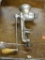 (R2) MEAT GRINDER; METAL COUNTER MOUNTING MEAT GRINDER WITH A WOODEN CRANK HANDLE.