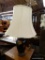 (R3) TABLE LAMP; HAND PAINTED, URN SHAPED, ORIENTAL PORCELAIN TABLE LAMP WITH A BLACK COLOR BASE AND