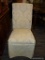 (R4) SLIPPER CHAIR; HAS A LEAF AND FLORAL UPHOLSTERED, MULTI TONE CREAM FABRIC. HAS A SKIRT.