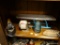 (BAY 6) SHELF LOT; 5 PIECE LOT TO INCLUDE A DESK/WALL MOUNT PENCIL SHARPENER, A SMALL IRONING BOARD,