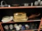 (BAY 6) SHELF LOT OF ASSORTED KITCKEN ITEMS; INCLUDES A HORN SHAPED BASKET, A CORNINGWARE OVENWARE