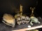 (BAY 6) SHELF LOT; 6 PIECE LOT TO INCLUDE 2 LEAF SHAPED CAST IRON BOWLS, A LIFT UP FROG BOWL, A
