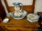 (R1) PITCHER AND BASIN SET; 5 PIECE SET OF SEMI-PORCELAIN ATHENA, W.H.L.H., BLUE AND WHITE HAND
