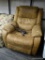 (WALL) RECLINING SOFA CHAIR; BROWN FADED FAUX LEATHER ELECTRIC RECLINING ARMCHAIR WITH A REMOTE