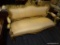 (R2) GOLD GILT LOVE SEAT; PEACH AND BEIGE STRIPE UPHOLSTERED LOVE SEAT WITH A GOLD GILT, ORNATE