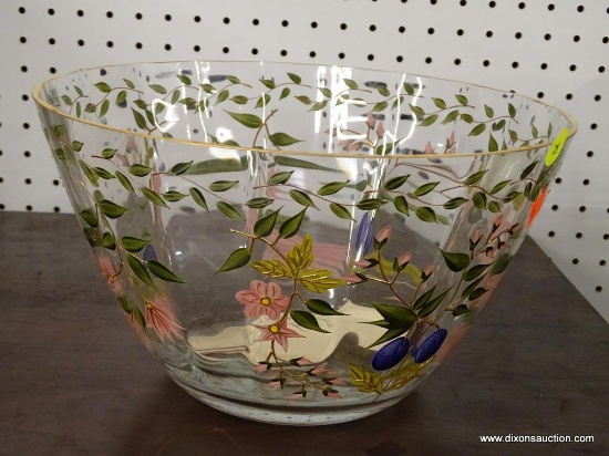 (R1) CONTEMPORARY CRYSTAL BOWL; MADE IN ROMANIA WITH HAND PAINTED FLOWERS AND GOLD TONE STEMS. NO