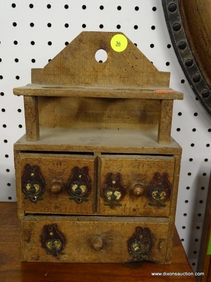 (R1) VINTAGE SPICE BOX; 3 DRAWER SPICE BOX WITH A SLOT FOR SALT AND PEPPER AT THE TOP AND RELIEF