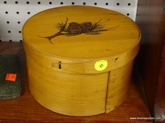 (R1) ANTIQUE PANTRY BOX; 7.5 IN, PINE PANTRY BOX WITH RELIEF CARVED PINE CONE ACCENTS. GENUINE