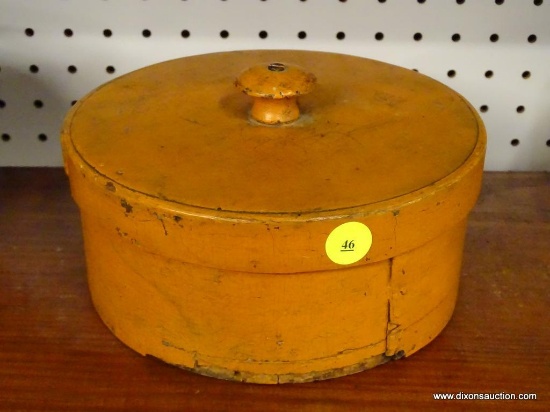 (R1) VINTAGE PANTRY BOX; 7.75 IN, PEG CONSTRUCTED, PUMPKIN ORANGE PANTRY BOX WITH AN APPLIED BUTTON