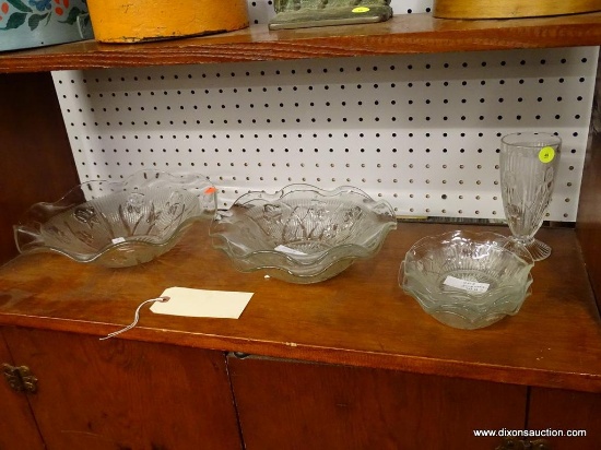 (R1) LOT OF IRIS AND HERRINGBONE CLEAR DEPRESSION PATTERN GLASSWARE; 8 PIECE LOT TO INCLUDE 1 11.5