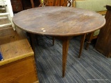 (R2) ROUND TOP TAVERN TABLE; VINTAGE PINE, 2-BOARD TOP ROUND TABLE WITH PEG CONSTRUCTION, 4 TAPERED