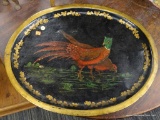 (R2) ORIENTAL SERVING PLATTER; THIN METAL SERVING PLATTER WITH A SCENE OF 2 RED PHEASANTS EATING