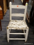 (R2) SLAT BACK CHILDS CHAIR; COUNTRY MULE EAR SIDE CHAIR WITH A WOVEN BOTTOM AND A WHITE PAINT