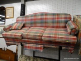 (R2) 3-CUSHION CAMELBACK SOFA; HIGH POINT FURNITURE 3 CUSHION SOFA WITH A FADED RED, BLUE AND GREEN