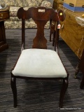 (R3) MAHOGANY SIDE CHAIR; EMPIRE STYLE, PEG CONSTRUCTED, CHALICE BACK SIDE CHAIR WITH A LIGHT BLUE