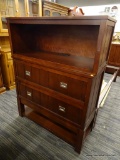 (R3) CHEST OF DRAWER; WOODEN CHEST OF DRAWERS WITH A CUPBOARD SITTING ON THE TOP. CUPBOARD HAS A