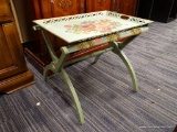 (R3) TOLL TRAY ON A STAND; GREEN PAINTED METAL TRAY WITH HAND PAINTED FLOWERS IN THE CENTER AND A