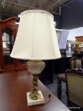 (R3) TABLE LAMP; VINTAGE OIL LAMP CONVERTED TO ELECTRIC, REEDED BRASS COLUMN TABLE LAMP WITH A BELL
