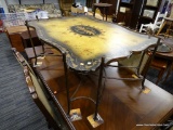 (R3) COFFEE TABLE; SCALLOPED COFFEE TABLE WITH A TOLL PAINTED LIGHT BROWN AND BLACK TABLE TOP WITH