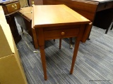 (R3) DROP LEAF END TABLE; 1 DOVETAILED DRAWER, WOODEN DROP LEAF END TABLE WITH 2 6.75 IN DROP