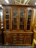 (R4) 2 PC DIXIE FURNITURE CHINA CABINET; TOP PIECE HAS A FLARED CORNICE TOP WITH DENTAL MOLDING