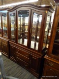 (R4) 2 PC WOODEN CHINA CABINET; TOP PIECE HAS AN PARABOLIC TOP LEADING TO 3 BEVELED GLASS PANELED
