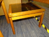 (R4) SQUARE GLASS TOP END TABLE; SQUARE WOODEN END TABLE WITH A TINTED GLASS TABLE TOP AND MORTISE