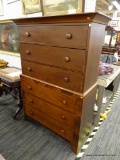 (R1) ANTIQUE EMPIRE MAHOGANY CHEST ON CHEST; TOP IS A MARRIAGE THAT WORKS WELL WITH BASE. BASE HAS 3