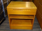 (R4) NIGHT STAND; WOODEN NIGHTSTAND WITH A TOP DRAWER WITH AN INDENTED HANDLE AND 2 LOWER SHELVES.