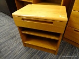 (R4) NIGHT STAND; WOODEN NIGHTSTAND WITH A TOP DRAWER WITH AN INDENTED HANDLE AND 2 LOWER SHELVES.