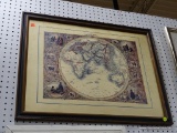 (WALL) FRAMED EASTERN HEMISPHERE MAP; PRINT ON BOARD OF THE EASTERN HEMISPHERE WITH ILLUSTRATIONS