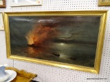 (WALL) FRAMED PRINT ON CANVAS; SHOWS A LARGE SHIP ON FIRE WITH A DINGHY FULL OF MEN ROWING AWAY FROM