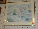 (WALL) FRAMED WATERCOLOR PRINT; SHOWS A ROW OF SHOPS CONNECTED BY A STONE PATH. SITS IN A POLISHED