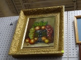(WALL) FRAMED STILL LIFE; DEPICTS AN ARRANGEMENT OF FRUIT TO INCLUDE GRAPE CLUSTERS, APPLES, PEARS