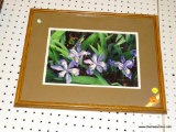 (WALL) FRAMED BOTANICAL PRINT; PHOTO OF A PLANT WITH LONG LEAVES AND 4 BLOOMING PURPLE AND WHITE