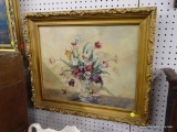 (WALL) FRAMED STILL LIFE ON CANVAS; FLORAL STILL LIFE OF A MULTI-COLORED ROSE ARRANGEMENT SITTING IN