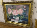 (WALL) FRAMED STILL LIFE ON CANVAS; FLORAL STILL LIFE OF PINK ROSES SITTING IN A BELL SHAPED WHITE